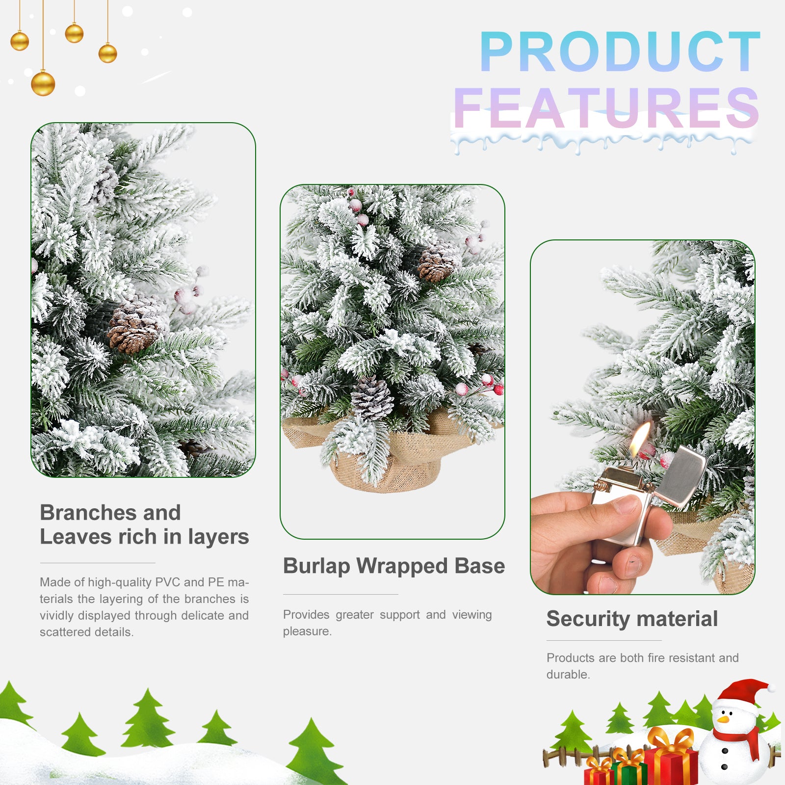 3ft Tabletop Christmas Tree, Snow Flocked Artificial Mini Christmas Tree With 14 Pine Cones & Red Berries, Green