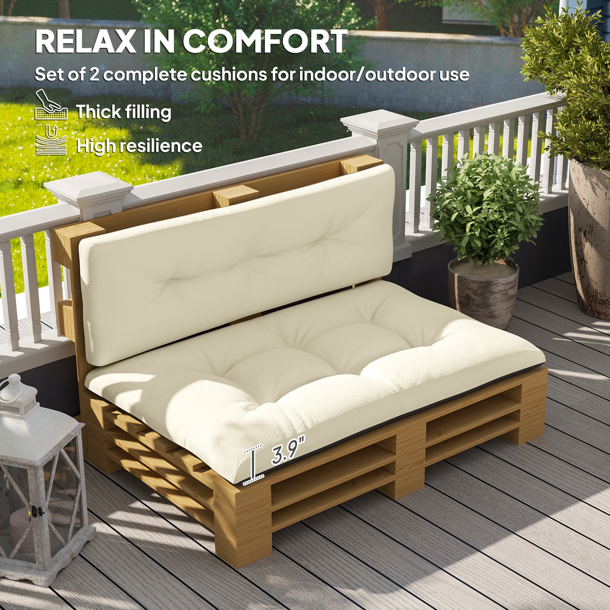 2 Seater Pallet Cushions Outdoor 3.9 Thick Replacement Cushions - Tufted Design For Garden, Patio, Cream White