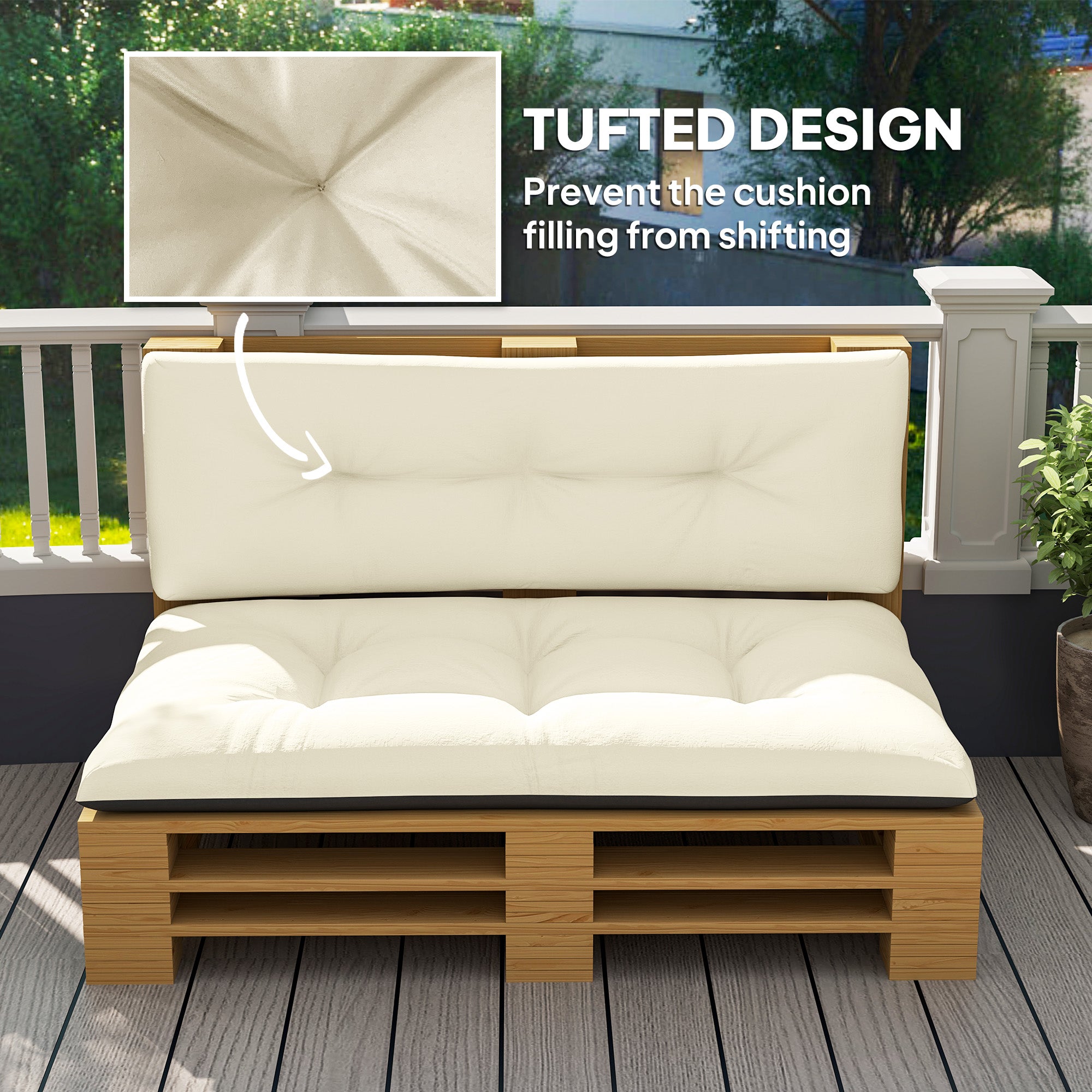 2 Seater Pallet Cushions Outdoor 3.9 Thick Replacement Cushions - Tufted Design For Garden, Patio, Cream White
