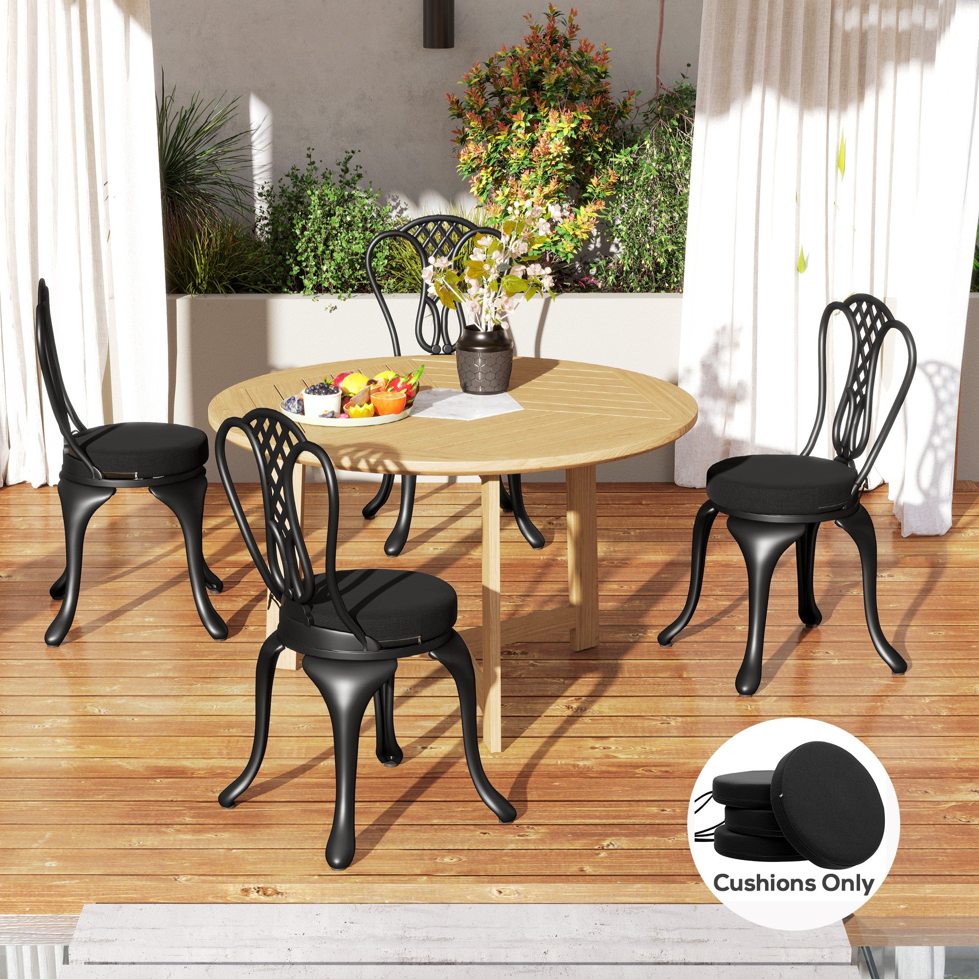 Patio Chair Cushions Set Of 4 Round Seat Cushions For Dining Bistro Chairs Machine Washable, 15 X 15 X 3, Black