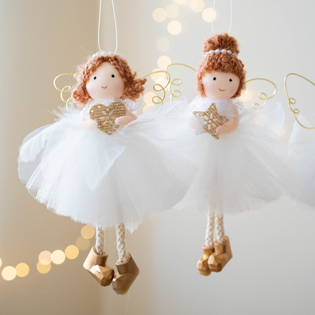 Christmas White Tulle Skirt Golden Wings Angel Girl Pendant